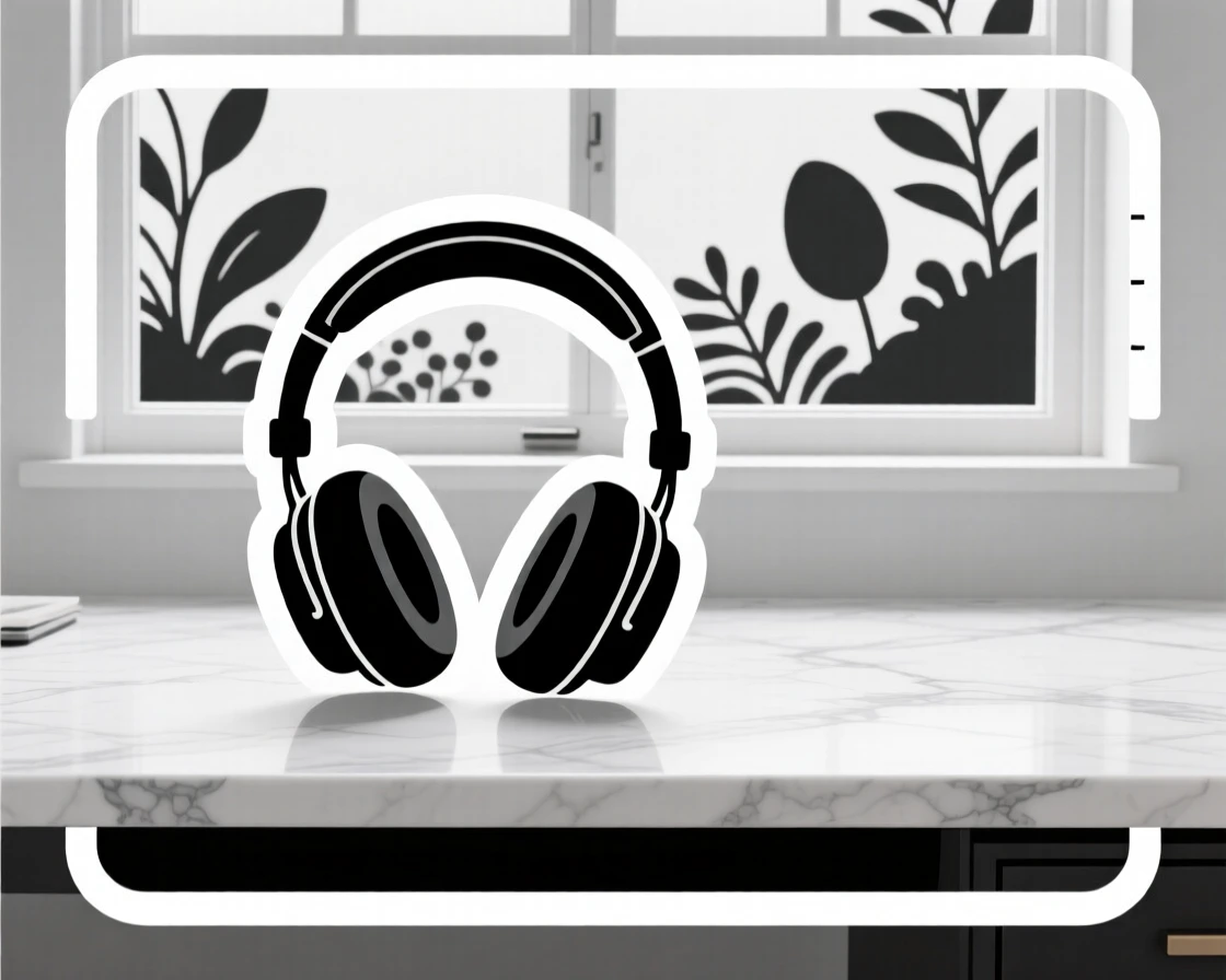 A timeless pair of headphones resting on a desk, sitting on a marble countertop, by a large window overlooking a garden.