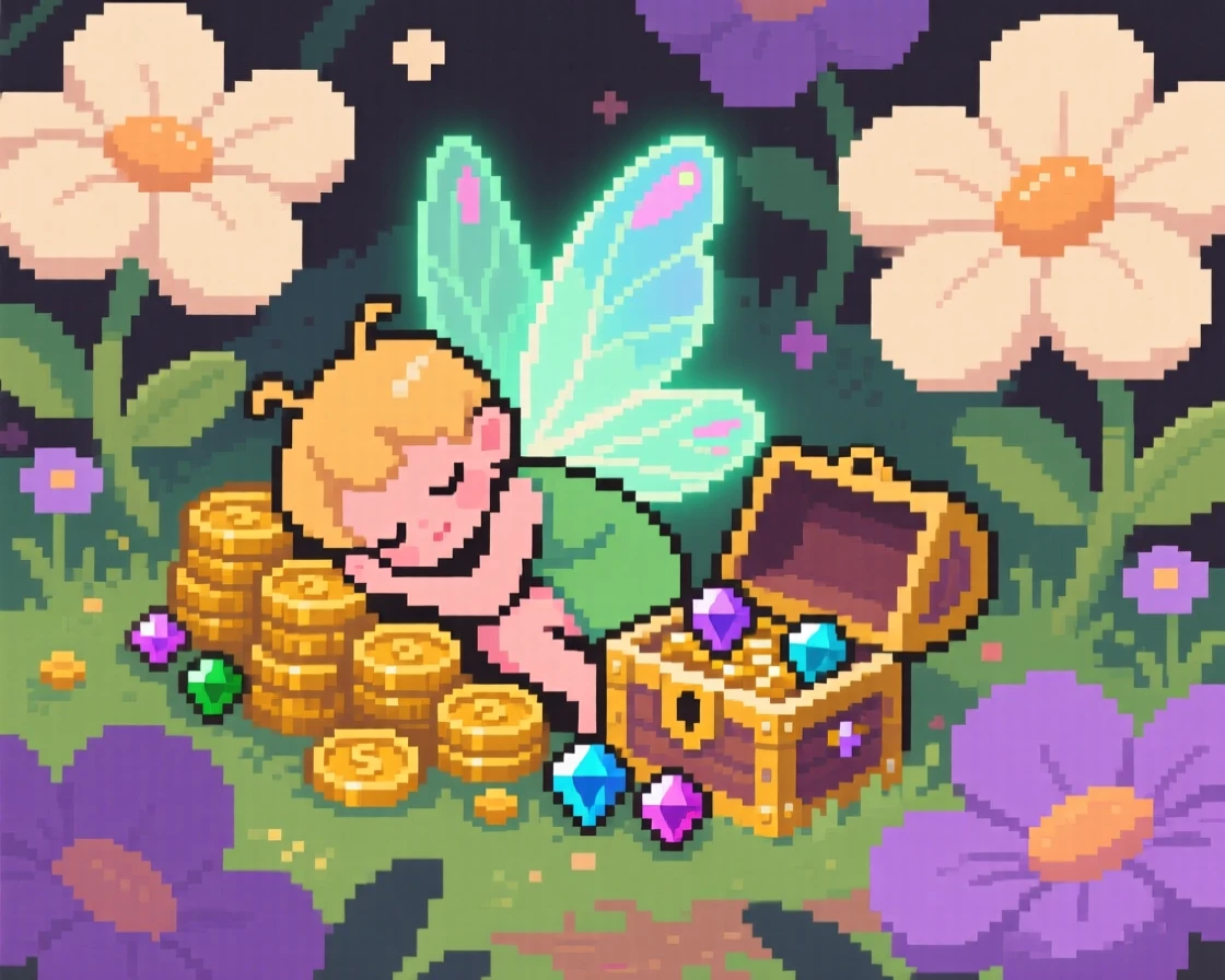 A tiny fairy with glowing wings napping curled around a treasure hoard, within a garden of oversized enchanted flowers.