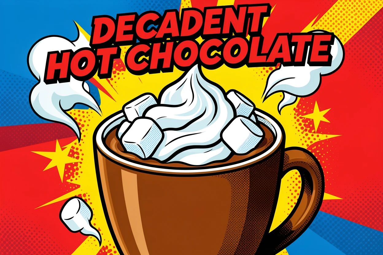 A decadent hot chocolate topped with whipped cream and marshmallows