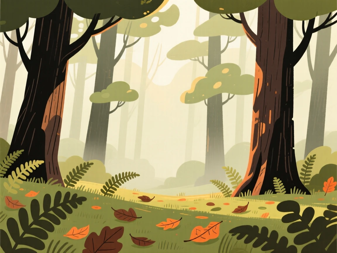 Sunlight filters through a misty pine forest of towering oaks, casting soft green light across a carpet of ferns scattered with fallen leaves.
