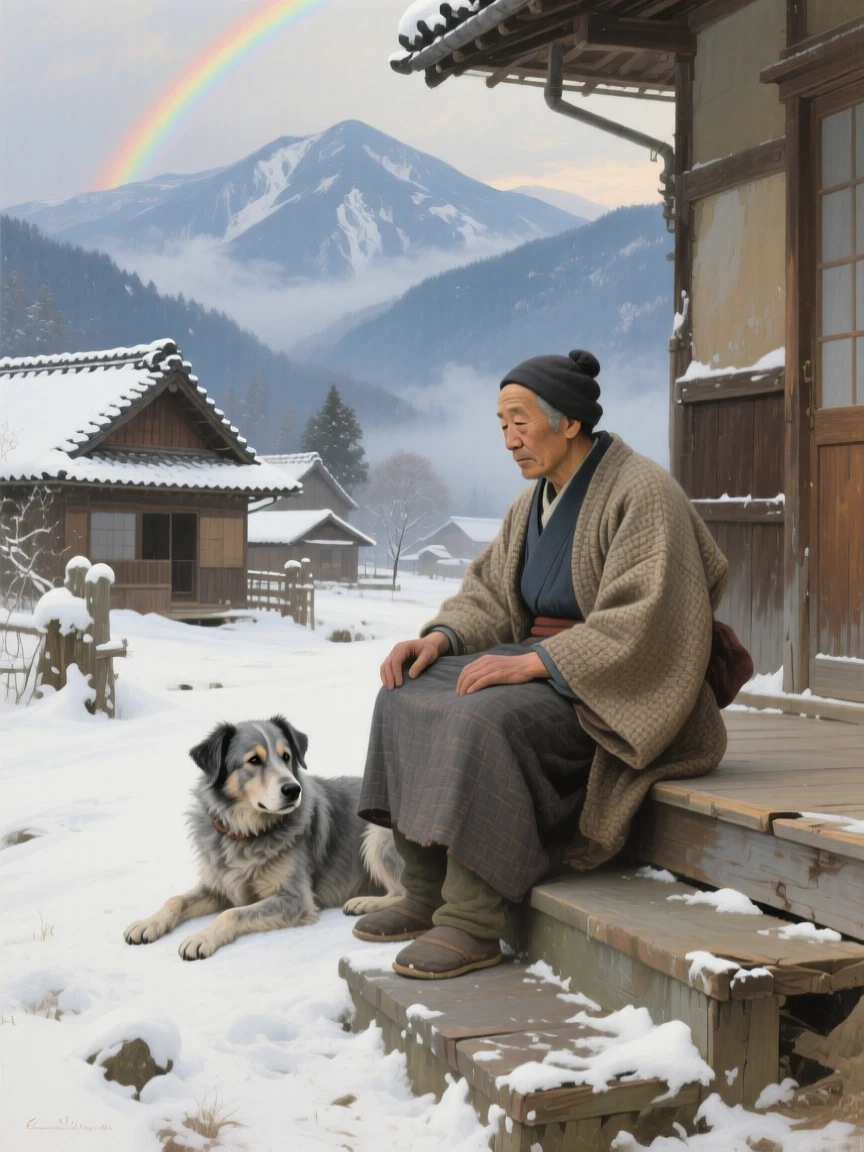 A centered composition of an old farm dog resting loyally beside its owner on a porch step, in a Japanese mountain village, in deep winter, under a rainbow after a storm.
