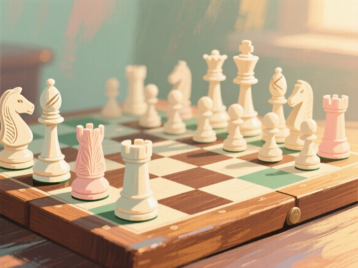 An old wooden chess set with hand-carved ivory pieces