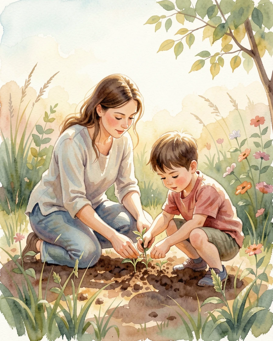 A mother teaching her son to plant a garden with a gentle breeze and soft afternoon light.