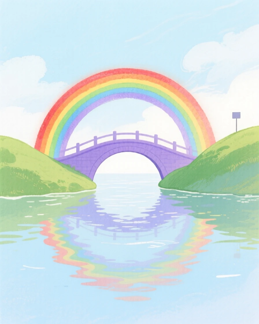 A dreamlike scene of a rainbow bridge between hills, reflecting shimmering colors in still water, inviting quiet wonder and imagination