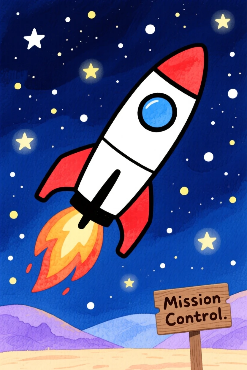 A dazzling view of a rocket launching into a starry night sky.