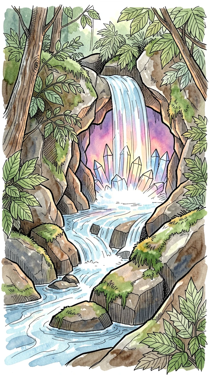 A hidden waterfall concealing the entrance to a glowing crystal cavern
