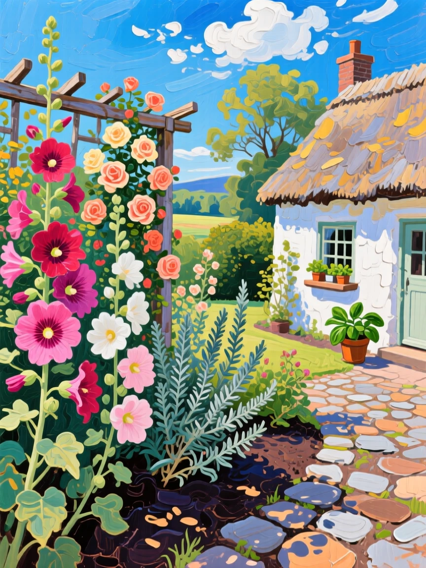 a cottage garden crowded with hollyhocks and herbs, at the height of summer, with layered visual detail from foreground to horizon.