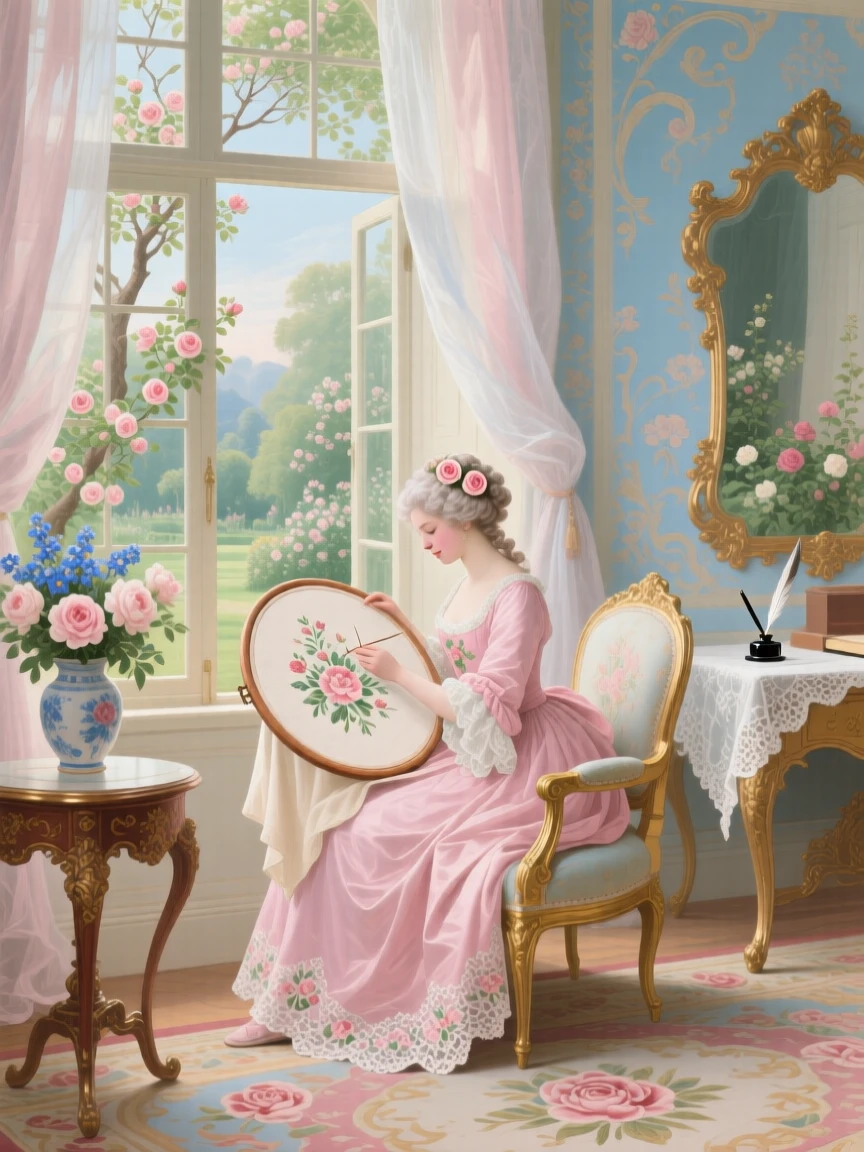 A garden-facing drawing room with a lady embroidering beside an open window  