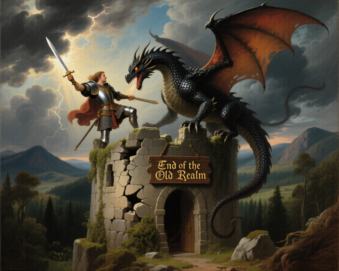 A hero battles a fearsome dragon atop a crumbling tower.