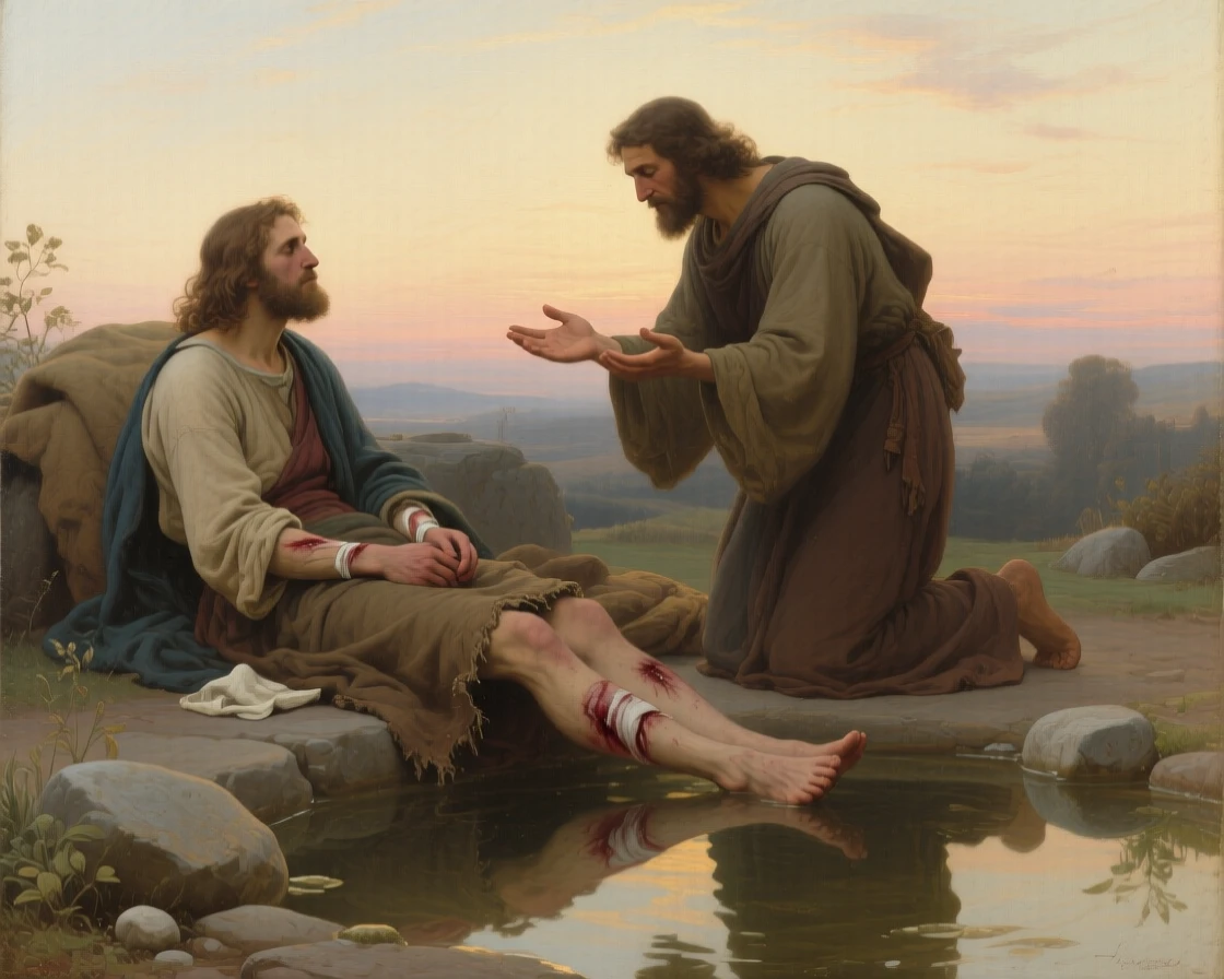 A wounded traveler receiving care and shelter from a compassionate stranger at the quiet culmination of a long inner journey, set beside a sacred spring reflecting the morning sky, with open hands extended in a gesture of blessing or gratitude; quiet, uncluttered space allows the emotional core room to breathe, filled with serenity and the quiet dignity of devotion.