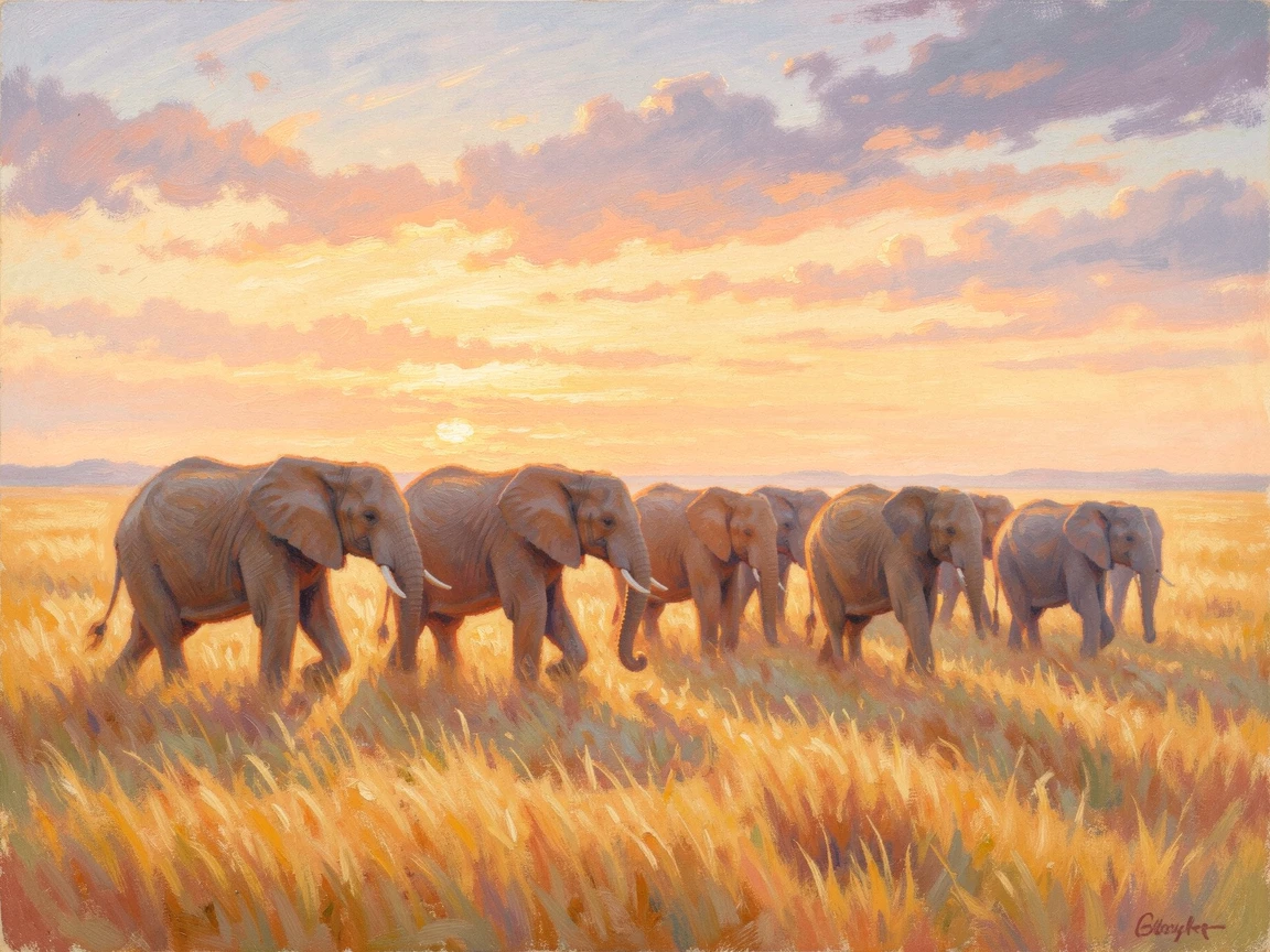 A herd of elephants walking together across the golden grasslands of the African savanna at sunset.