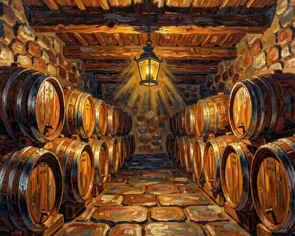 A rustic wine cellar lined with wooden barrels and a single hanging lantern.