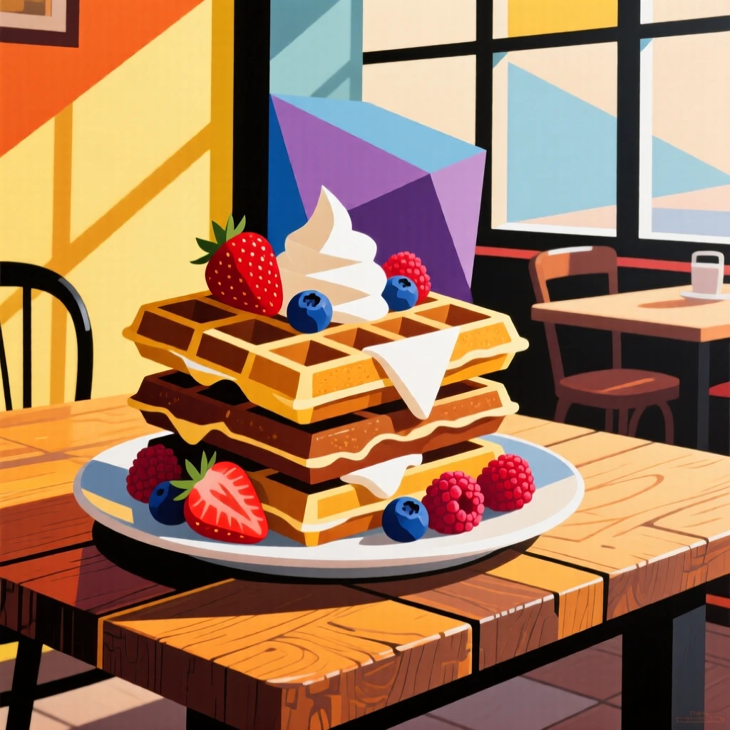 A mouthwatering image of a stack of waffles with berries and cream served on a rustic wooden table at a sunlit café.
