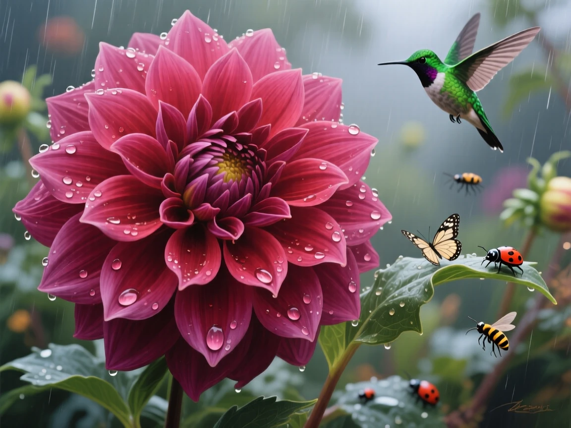 A close-up of a single dahlia in deep magenta shows countless perfectly layered petals spiraling toward its center, water droplets glistening after rain, with scattered wildlife visible moving quietly through the middle distance of the composition.