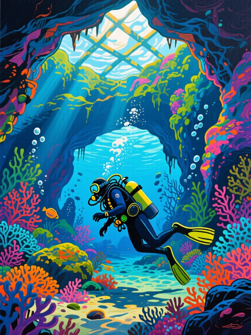 A scuba diver exploring a vibrant underwater cave system lit by natural skylights above