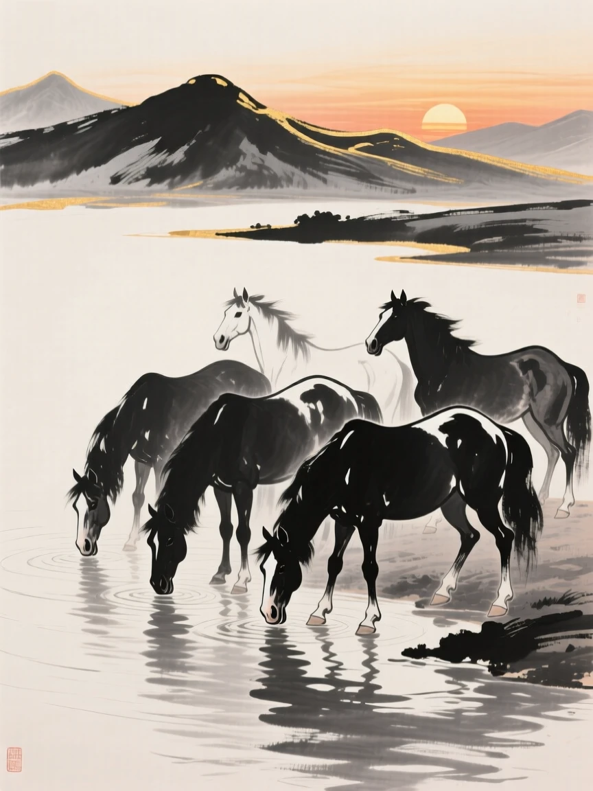 A group of horses drinks from a river at sunset, with distant mountains rimmed in golden light.