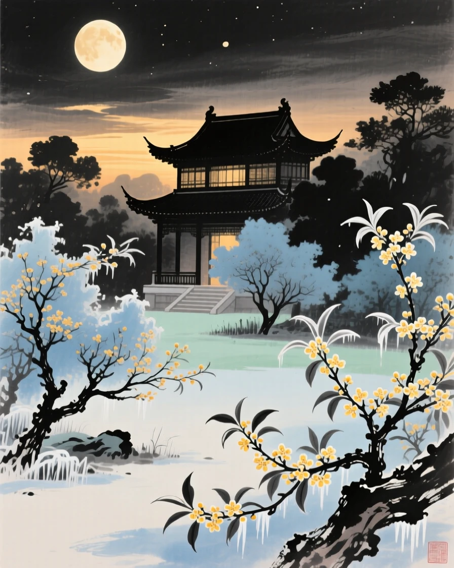 The moon palace glowing softly above a garden of frozen osmanthus trees, in the last golden light of day, as spring blossoms unfold.