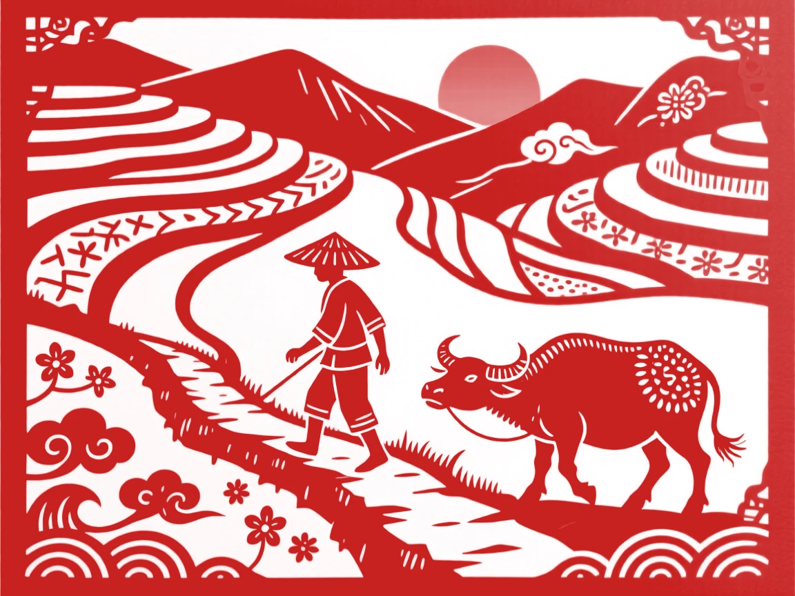 Terraced rice paddies spiraling down a mountainside at sunrise, a farmer in a wide-brimmed hat walking along a narrow ridge path with a water buffalo