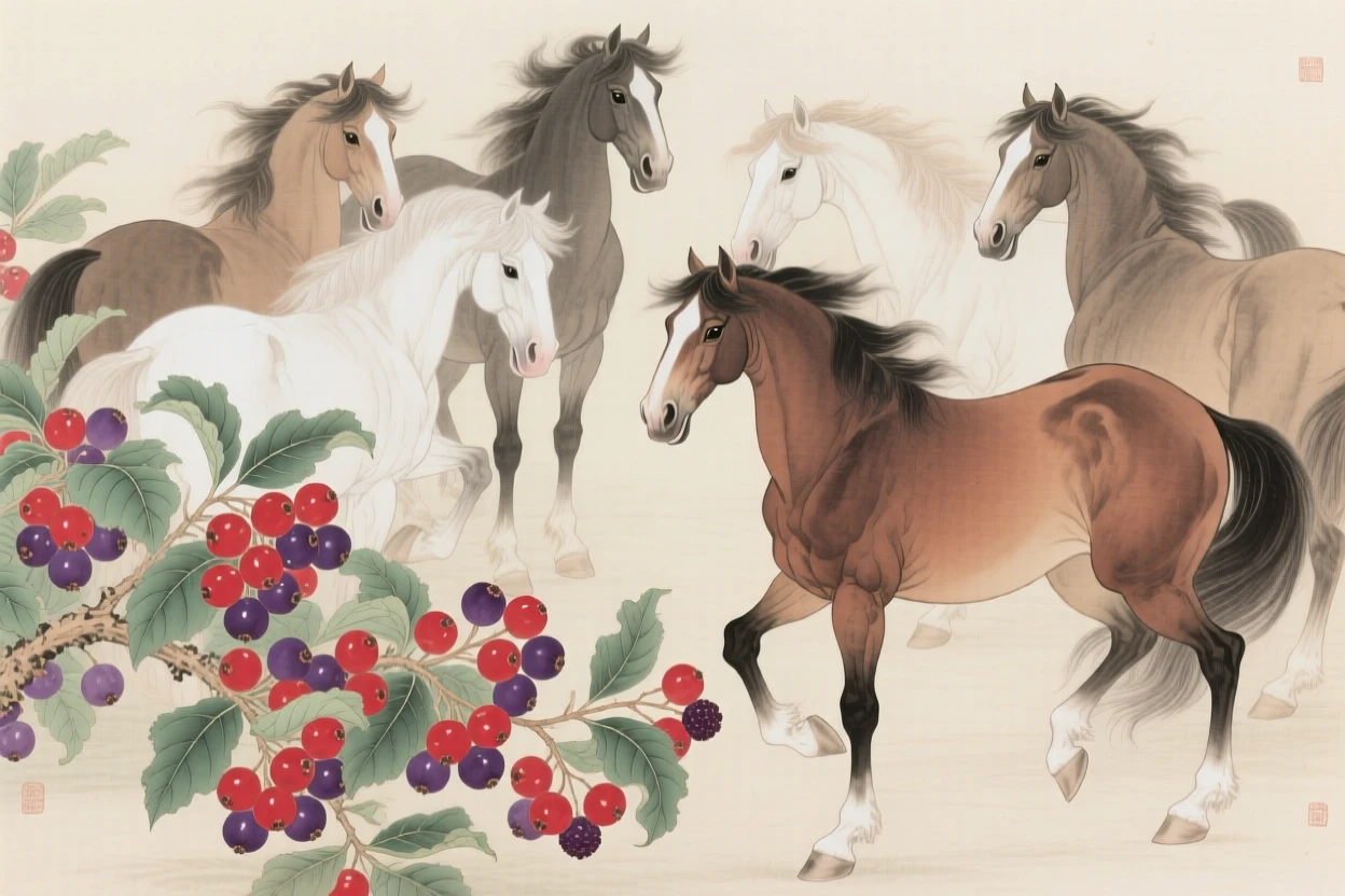 A herd of wild horses curled around a cluster of wild berries