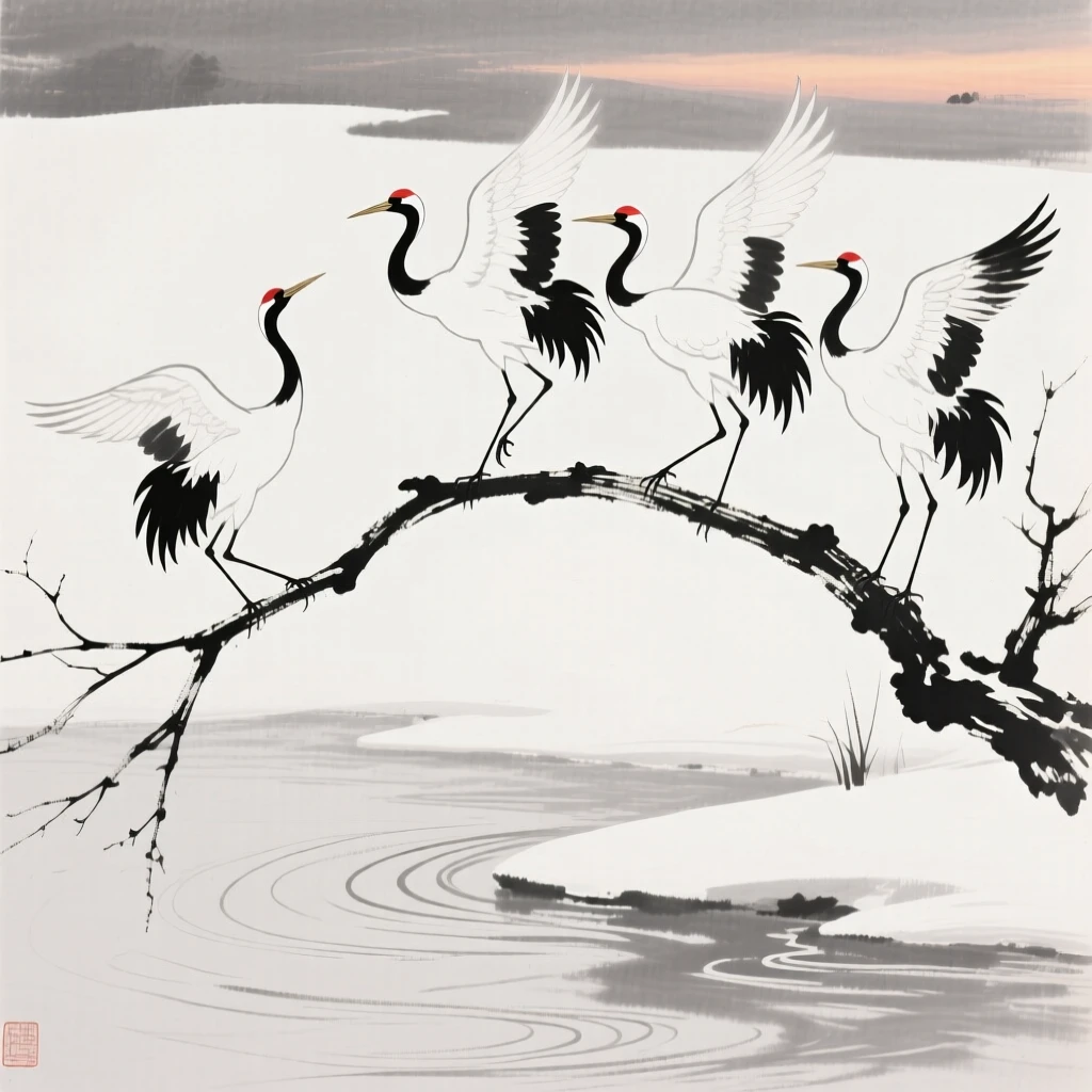 A flock of cranes perched on a bare winter branch over rippling water at dusk, captured mid-motion with wings outstretched, capturing a fleeting moment of natural beauty.