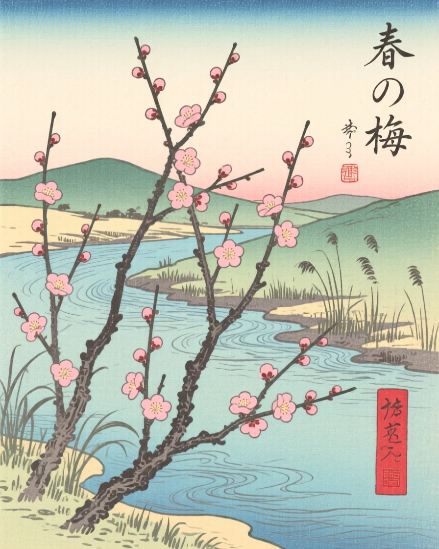 Bare plum branches budding with new blossoms along a slow-moving river.
