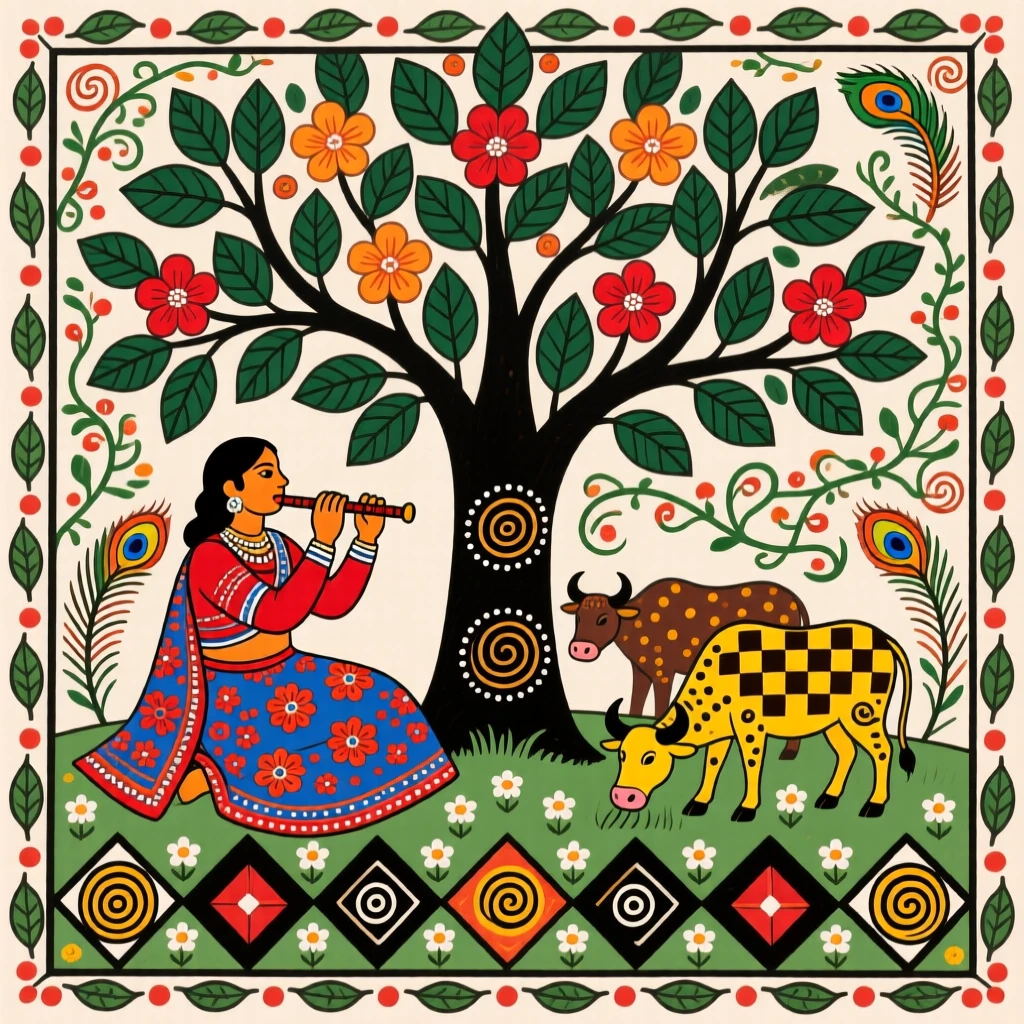 A flutist playing softly beneath a tree as cattle graze nearby.