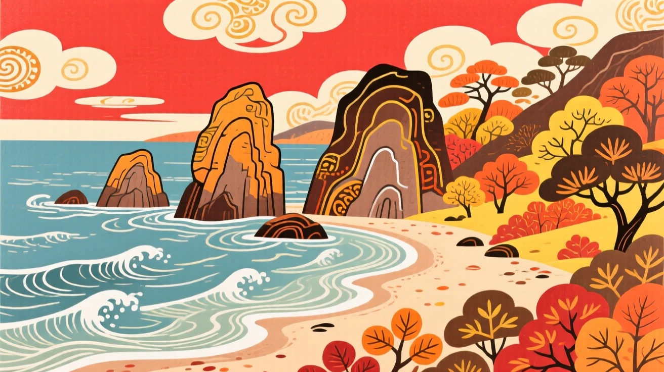 A stretch of coastline with weathered rock formations, in the deep colors of autumn.