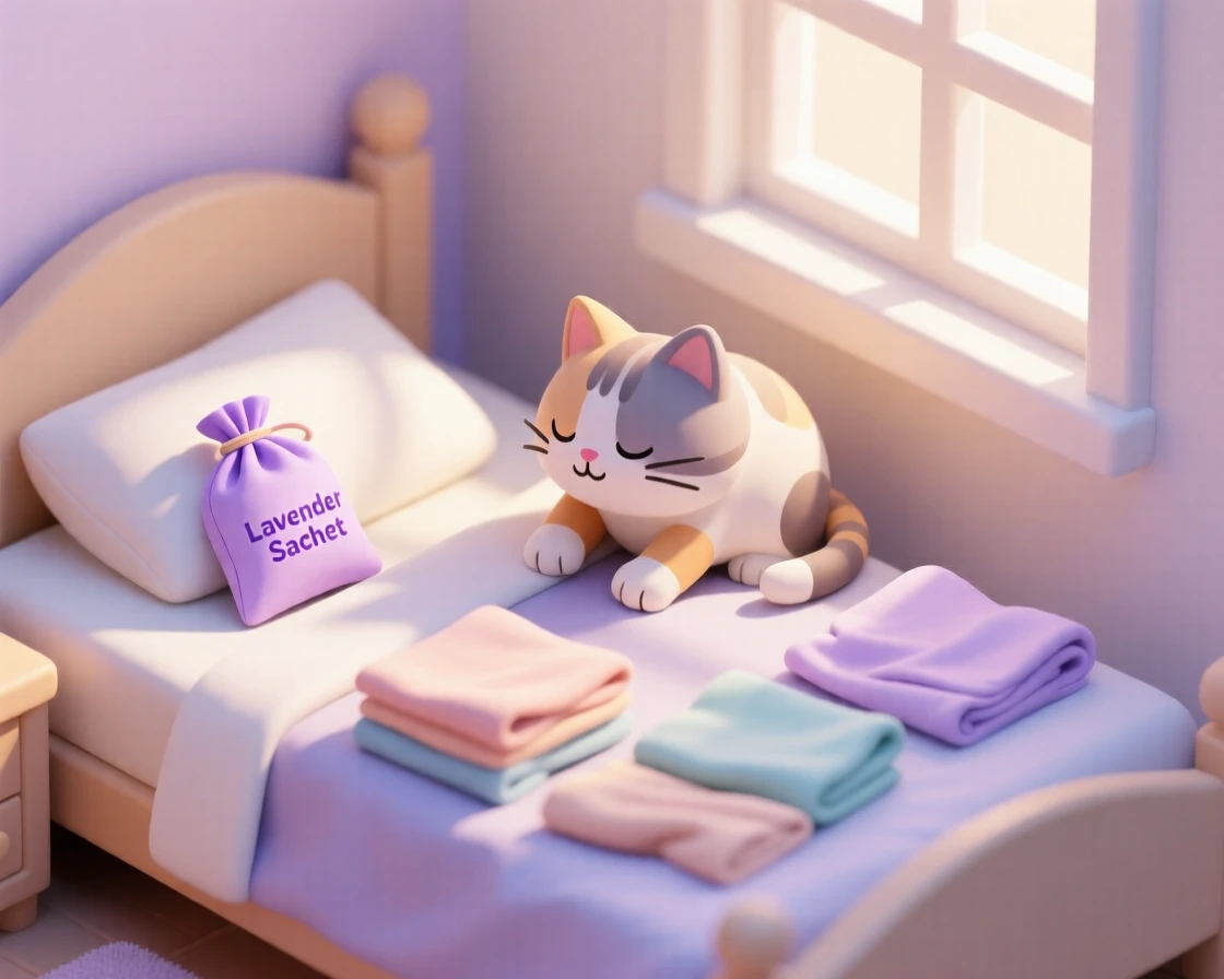 A quiet morning scene of folding fresh laundry on a sunlit bed, the scent of lavender sachets nearby, and a cat kneading the sheets.