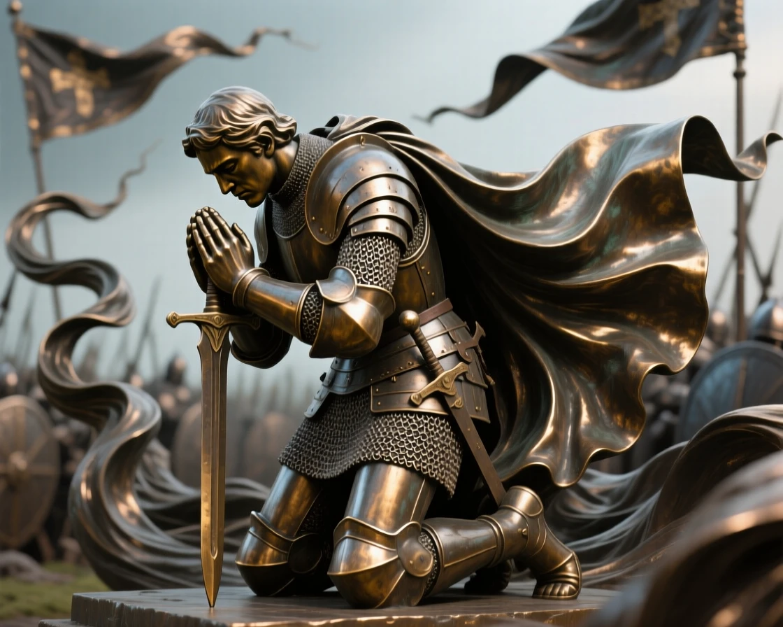 A knight kneeling in prayer before battle, surrounded by swirling fabric and motion, forming a strong central focal point