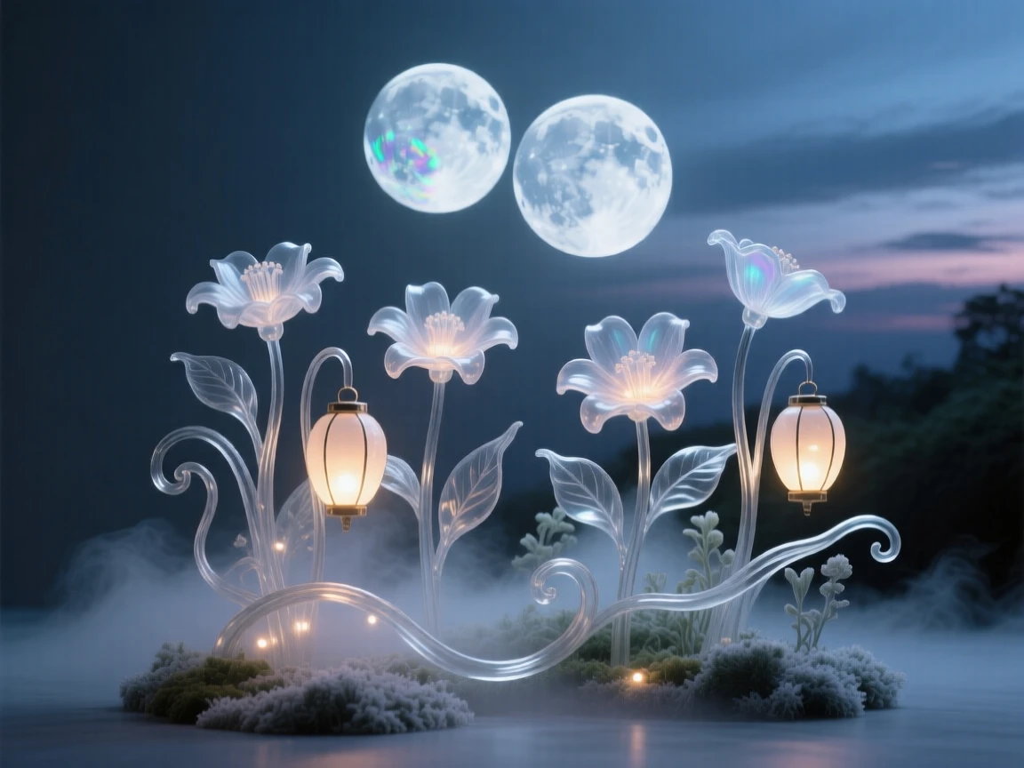 A garden where flowers glow like lanterns at night under a twilight sky filled with two moons, atmospheric fog rolling through the scene, feeling mysterious and enchanting.