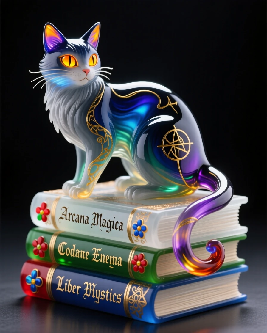 A wizard's familiar cat with glowing eyes perched atop ancient spellbooks, mysterious and charming.