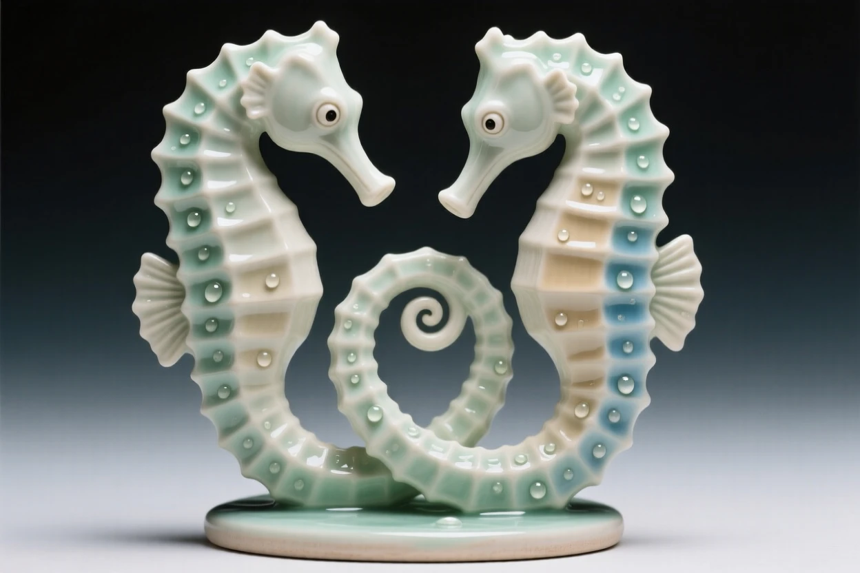 A delicate seahorse pair intertwined by their tails gliding in a slow, elegant spiral, dotted with tiny, glimmering droplets, conveying calm, fluid tranquility.