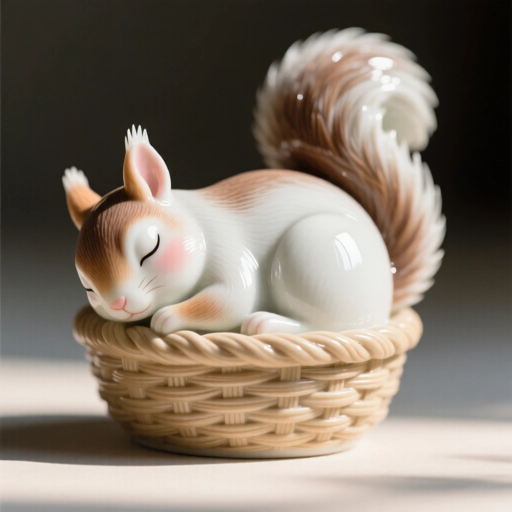 A tiny squirrel curled up asleep in a woven basket, bathed in warm dappled sunlight.