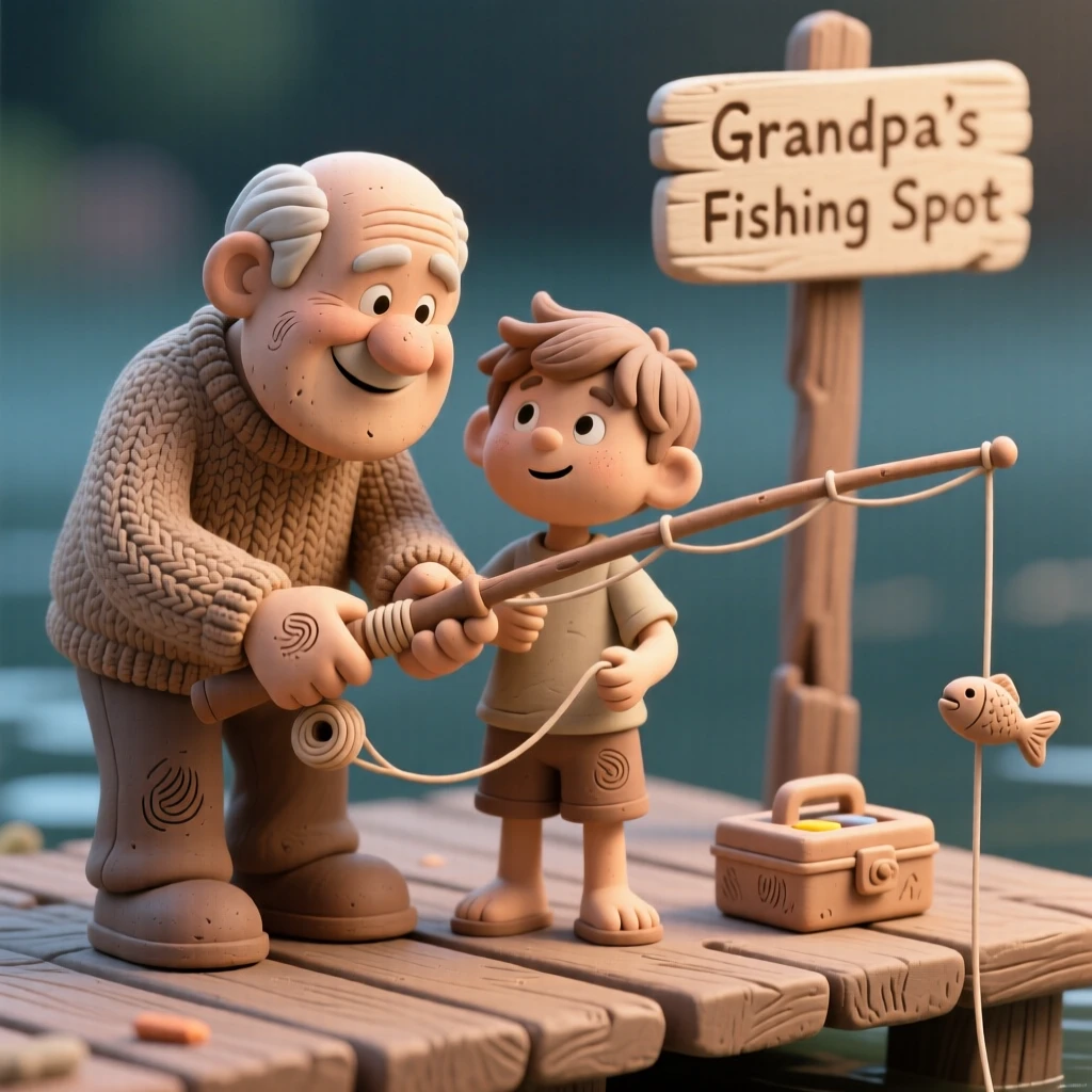 A grandfather teaching his grandson to cast a fishing line