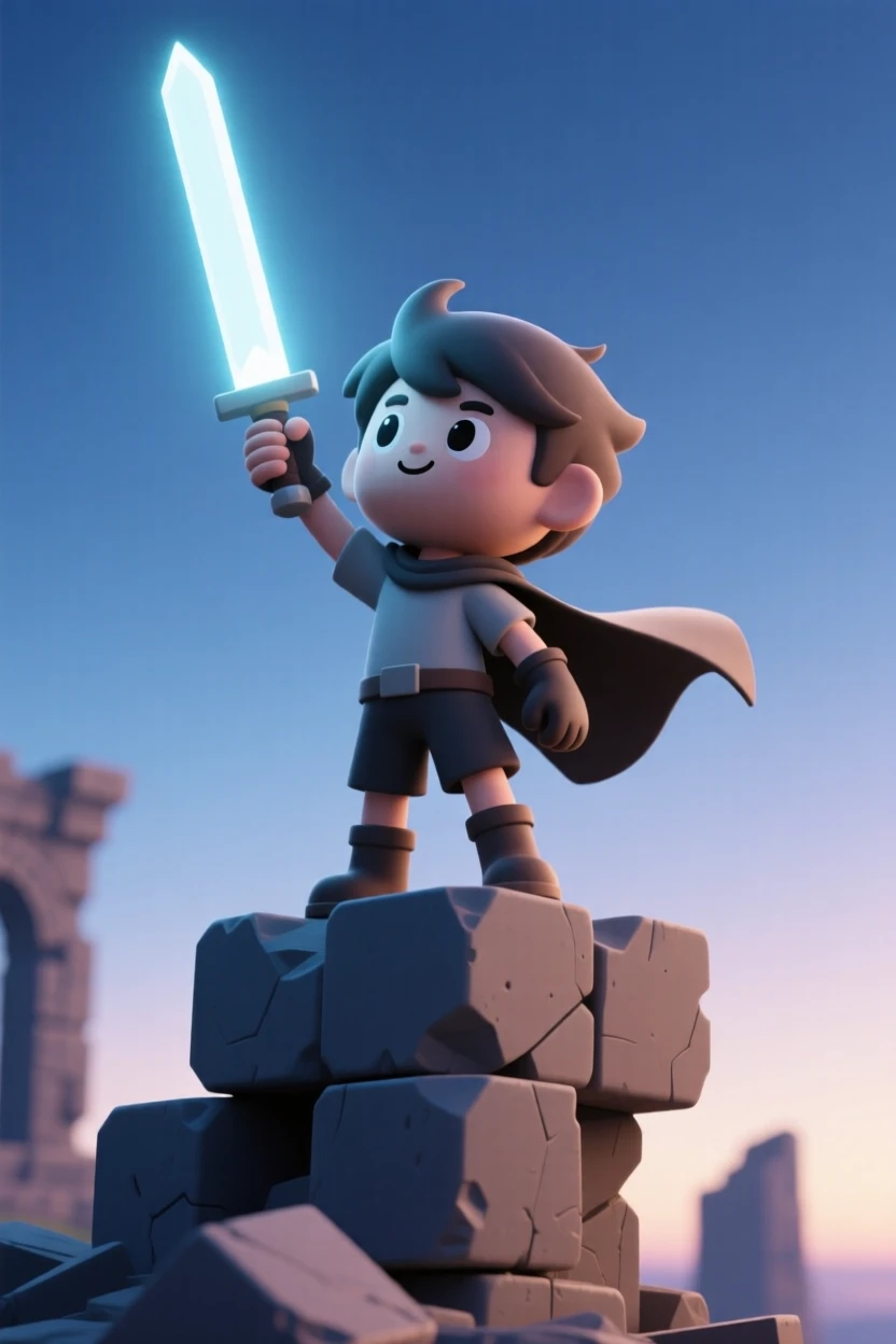 A determined young hero raises a glowing sword toward the sky, standing triumphant atop a crumbling ancient ruin.