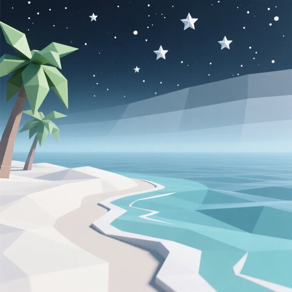 A tropical beach with turquoise water and white sand, under a sky full of stars. fine atmospheric haze adds depth to the distance. The scene feels vast and awe-inspiring.