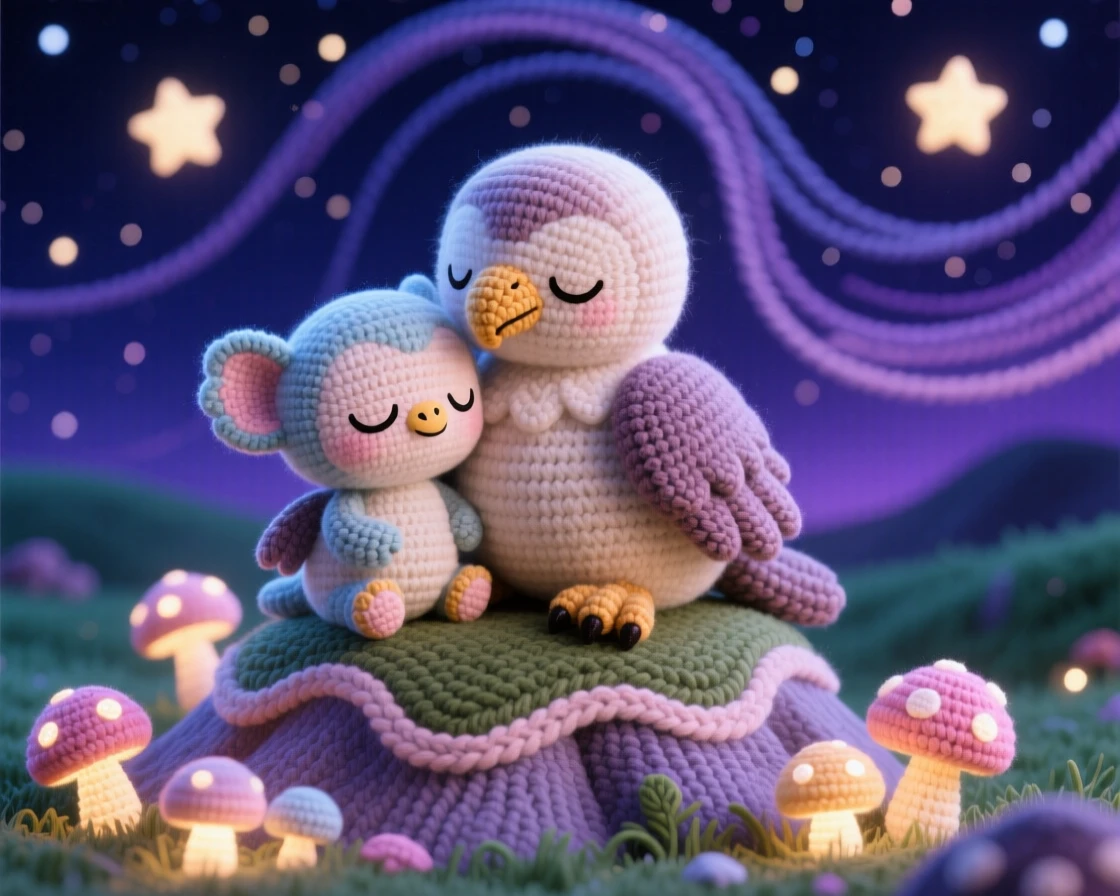 A charming portrait of a small baby griffin nuzzling its mother, with a content, sleepy expression, resting beside its mother on a mountain ledge beside a cluster of luminous mushrooms in a starlit meadow beneath a swirling night sky, conveying a sense of gentle magic and quiet wonder.