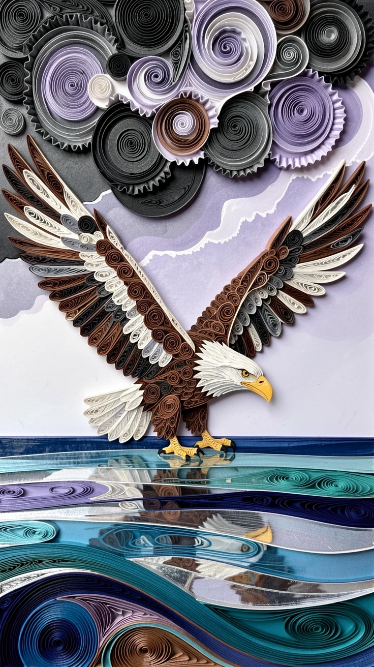 a soaring bald eagle with wings fully spread, beside a still, glassy expanse of water, captured in a quiet, still, contemplative moment, in the dramatic contrast of a stormy sky.