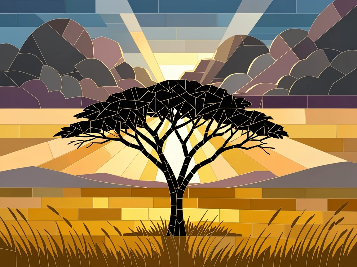 A golden savanna at sunset with a single acacia tree silhouette, framed by distant storm clouds and a break of sunlight.