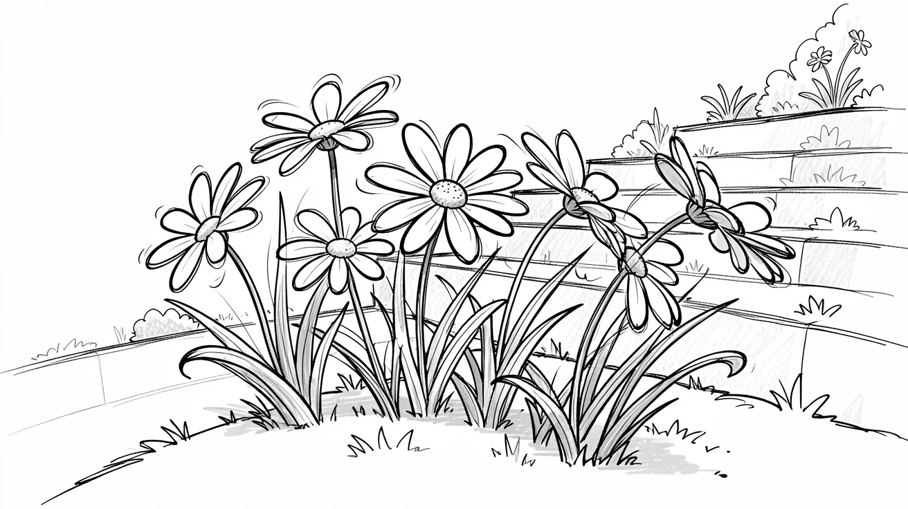 A patch of daisies swaying in the wind in a terraced hillside garden.