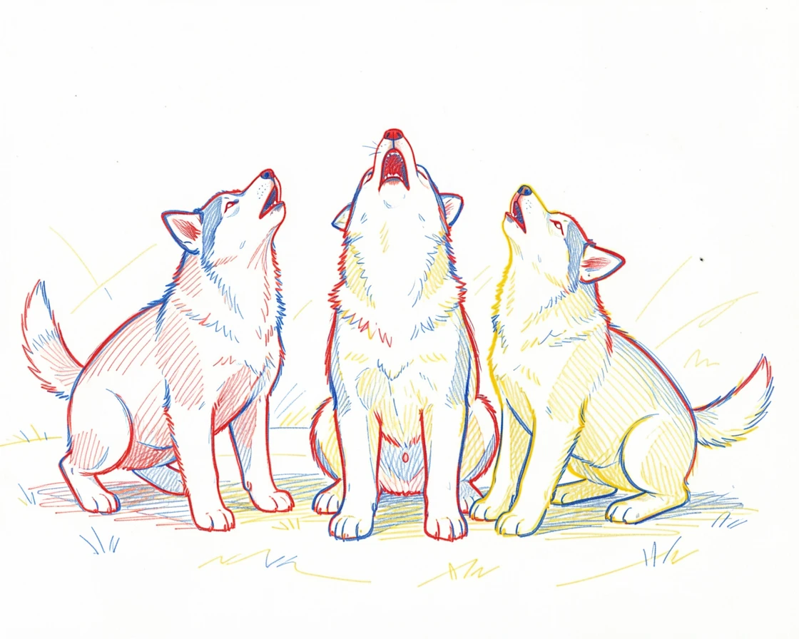 A litter of husky puppies howling together for the first time