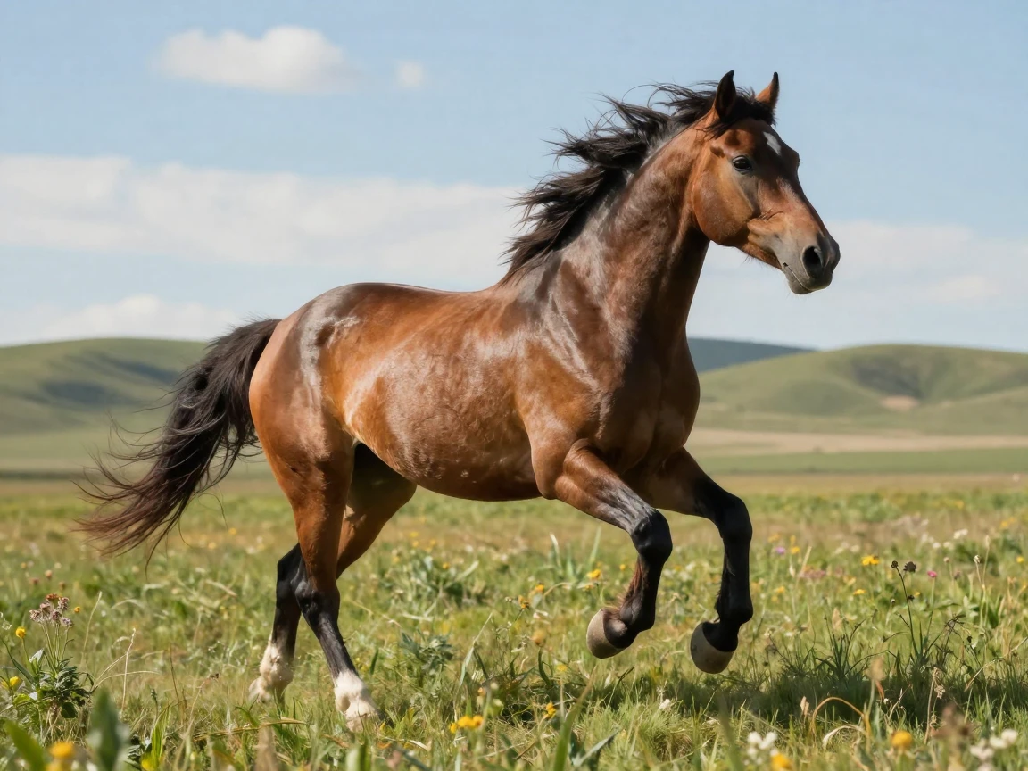 A horse galloping freely across an open meadow