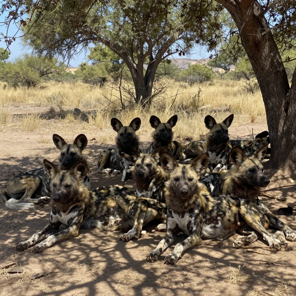 A pack of wild dogs rests together in the shade during the heat of the day.