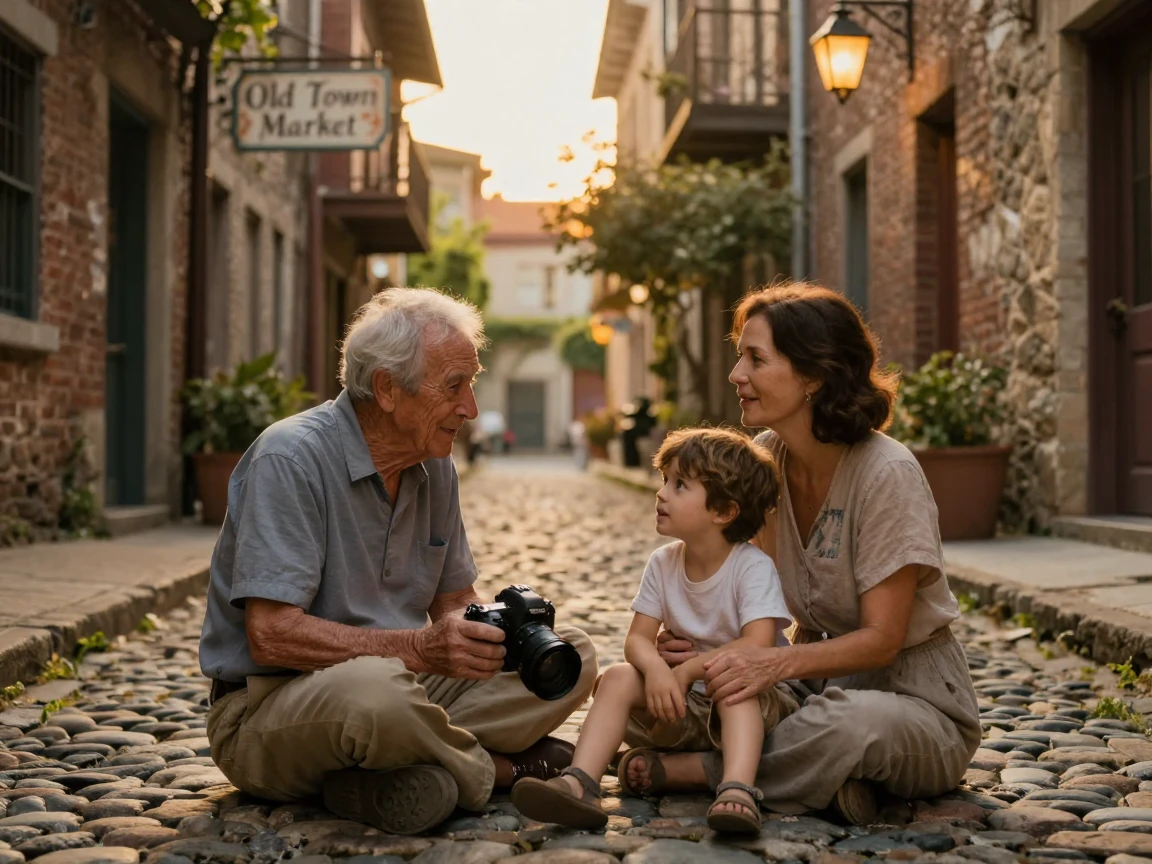 Three generations of a family gathered in a narrow cobblestone alley, telling old stories