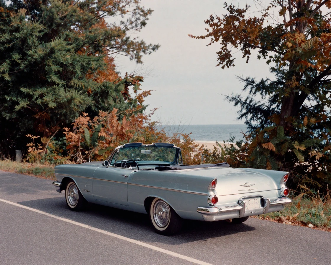 A classic convertible parked along a sunlit coastal road, under a pale winter sky, in still, windless air, in late autumn, with deep emerald greens and browns, from behind, looking toward the horizon.