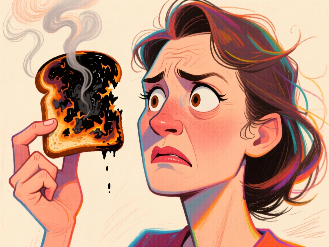 A woman holding up a burnt piece of toast with a look of pure disappointment.