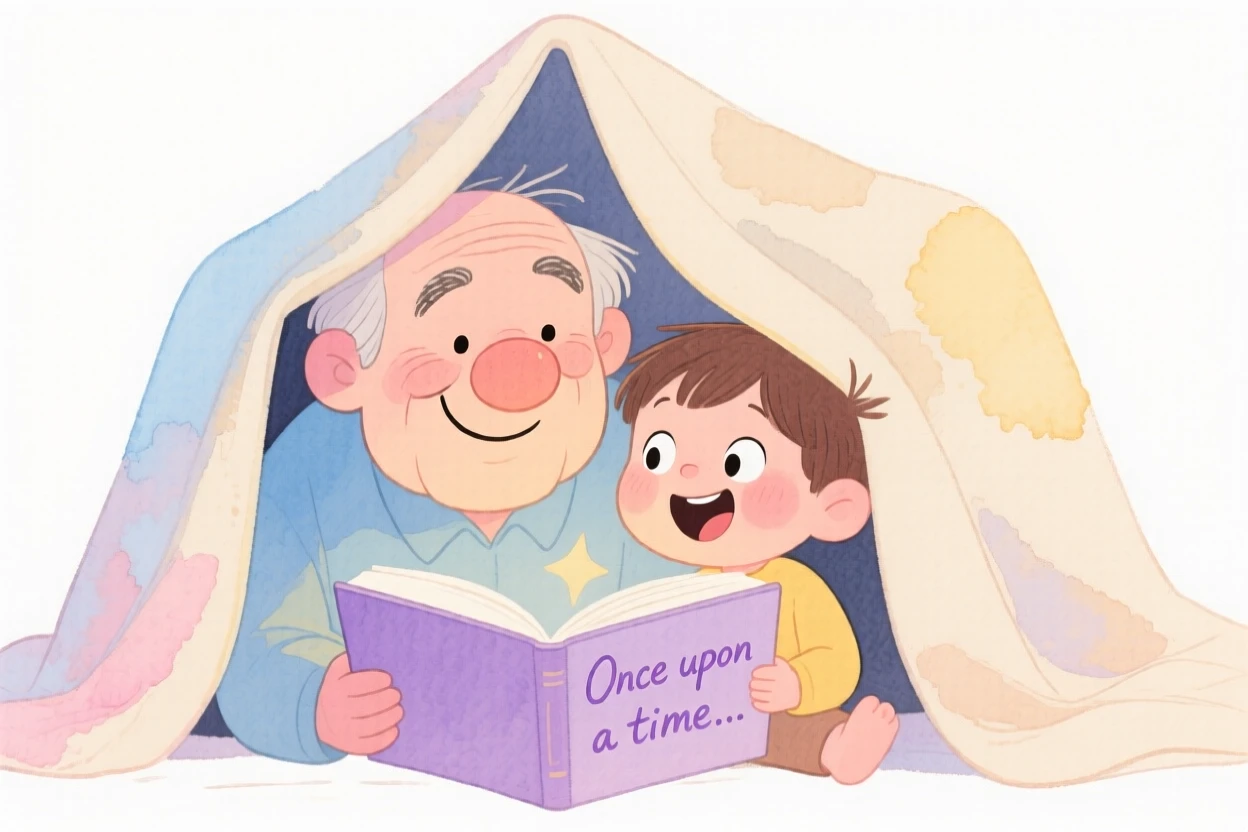 A grandfather and grandchild reading a bedtime story under a blanket fort