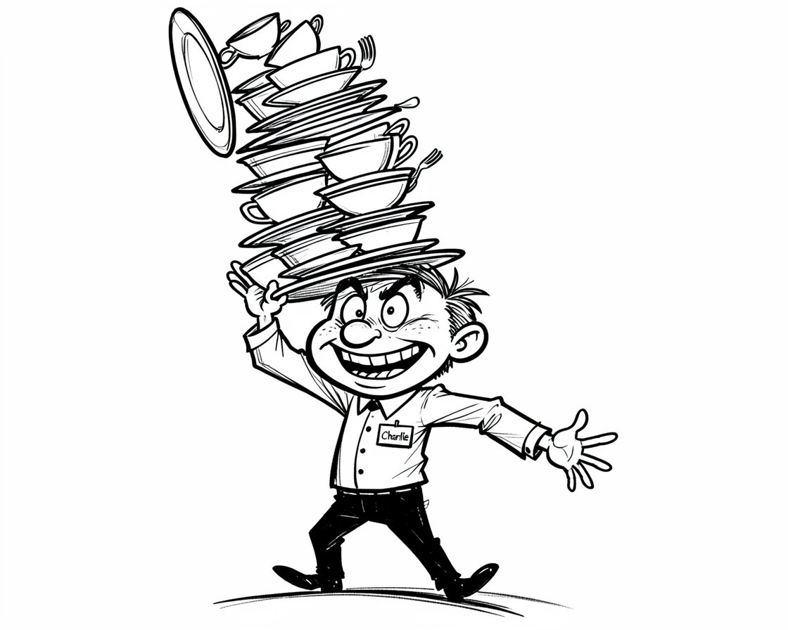 [Funny & Exaggerated Situations] Comical scene of a waiter balancing an impossibly tall stack of dishes, exaggerated for maximum laughs