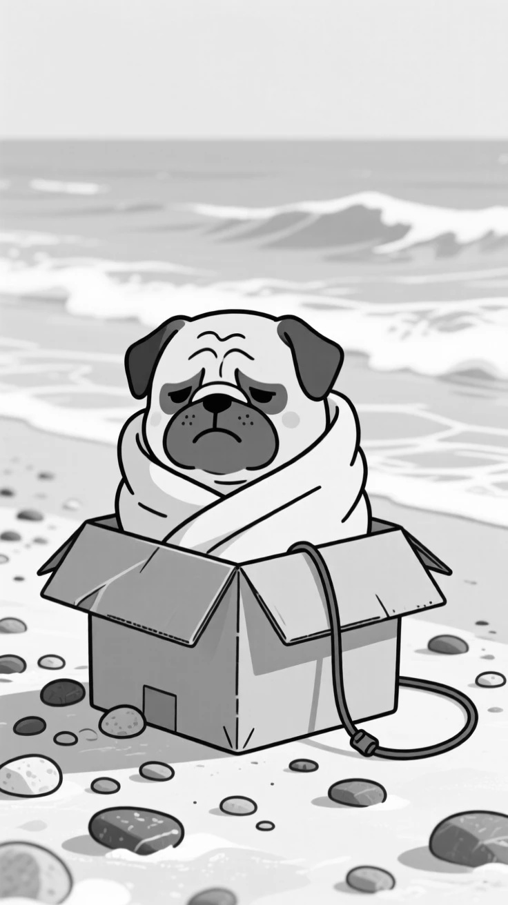 A grumpy-looking pug wrapped in a blanket burrito, trying to fit into a box far too small, set on an icy pebble beach. A tiny leash trails uselessly behind. It feels like the kind of photo that instantly earns a smile.