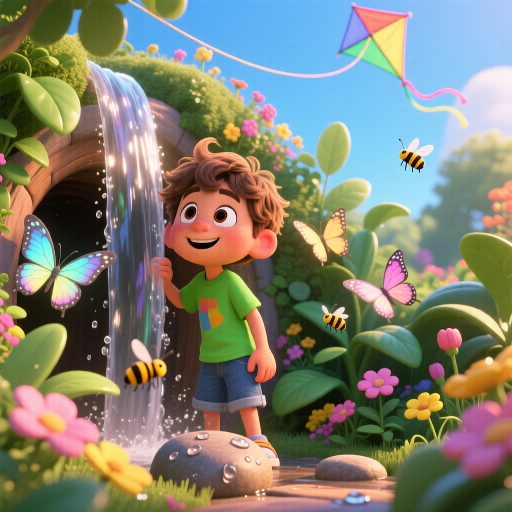A boy discovering a secret hideout behind a waterfall takes place in a garden full of buzzing bees and butterflies, with a kite string trailing off into the sky. A lighthearted sense of discovery colors the moment.